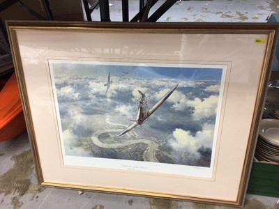 Lot 423 - Geoff Hunt signed aviation print of Spitfires together with three antique crutches (4)