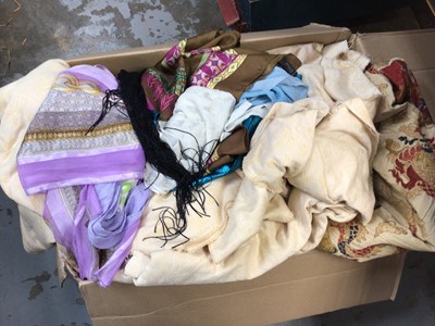 Lot 437 - Box of textiles, including curtain fabrics, scarves, tablecloths, Chinese embroidery, etc, together with a roll of fabric