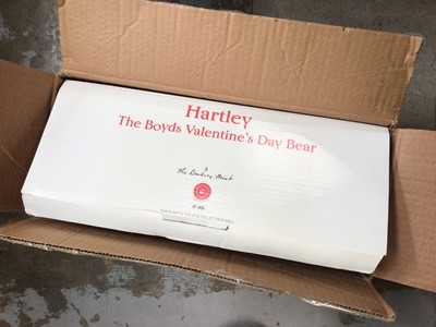 Lot 436 - Box of teddy bears and dolls, a boxed Hartley bear, a boxed Joey the Clown nursery tea set, and a snooker game