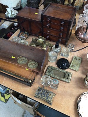 Lot 429 - Sundry items, including apprentice set of drawers/cupboard, copper arts and crafts kettle, art nouveau inkwell, etc