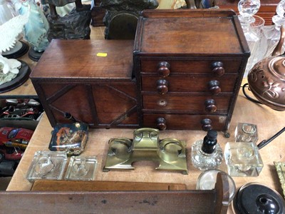 Lot 429 - Sundry items, including apprentice set of drawers/cupboard, copper arts and crafts kettle, art nouveau inkwell, etc