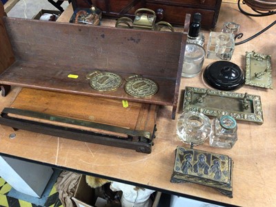 Lot 429 - Sundry items, including apprentice set of drawers/cupboard, copper arts and crafts kettle, art nouveau inkwell, etc