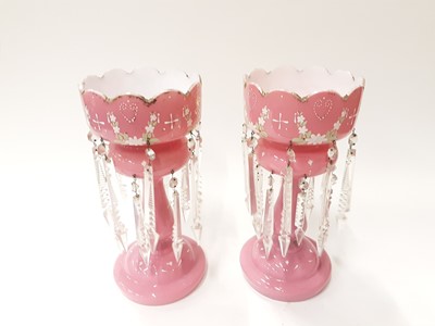 Lot 1147 - Pair of Victorian pink glass lustres with enamel decoration