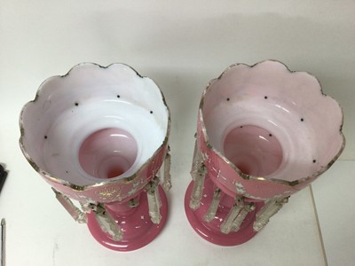 Lot 1147 - Pair of Victorian pink glass lustres with enamel decoration