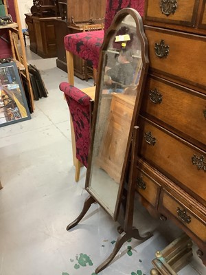 Lot 880 - Oak escritoire, mahogany coffee table, folding stool and a mahogany framed cheval mirror (4)