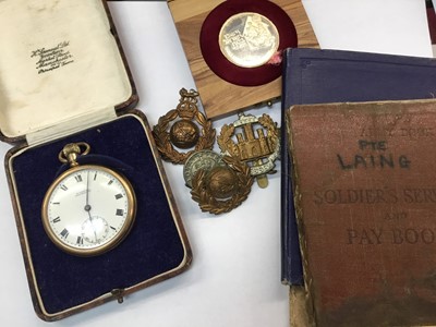 Lot 656 - 1930s gold plated pocket watch retailed by H Samuel, Manchester in original box, Essex Regt. and other cap badges, Soldier's Service and Pay Book and sundry items