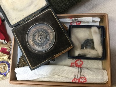Lot 325 - Group of fishing medallions, Order of Buffalos medals, hat set with pin badge, military badges and others.