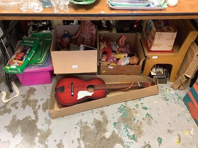 Lot 347 - Large quantity of assorted toys to include Dolls, board games, Airfix Farrah Doll and clothes, child's guitar and sundries