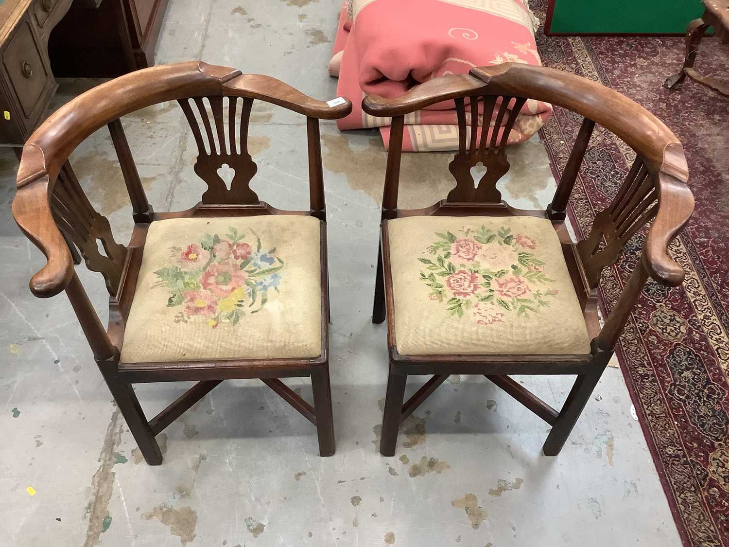Lot 884 - Pair of 19th century mahogany corner chairs with tapestry seats