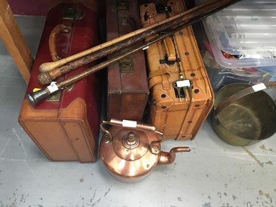 Lot 509 - Silver topped simulated bamboo cane, Japanese bamboo cane and another cane, together with three leather suitcases, a brass preserve pan, copper kettle and toasting fork