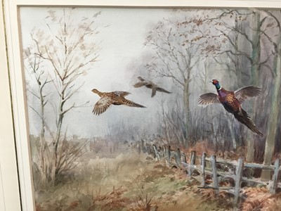 Lot 1039 - Roland Green (1896-1972) - watercolour- Pheasants in flight, 29cm x 44cm