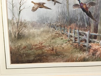 Lot 1039 - Roland Green (1896-1972) - watercolour- Pheasants in flight, 29cm x 44cm