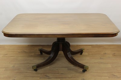 Lot 1456 - Regency mahogany breakfast table with rectangular tilt top on pedestal base with four splayed legs