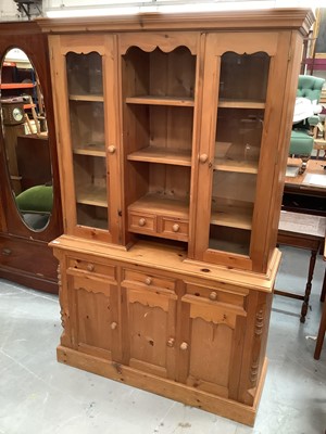 Lot 895 - Pine two height kitchen dresser, pine square kitchen table with two drawers and two kitchen chairs (4)