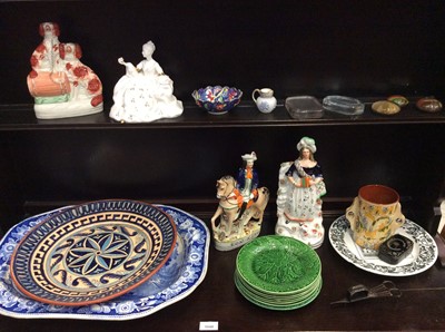 Lot 359 - Group of Victorian and later ceramics to include Staffordshire figures, green leaf plates and other decorative items