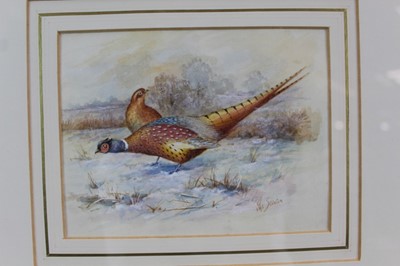 Lot 1040 - James Stinton (1870-1961) pair of watercolours- Pheasants in snow 12.5cm x 16.5cm