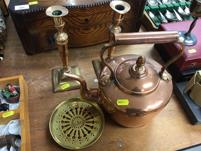 Lot 406 - 19th century copper kettle, together with a trivet and a pair of brass candle sticks