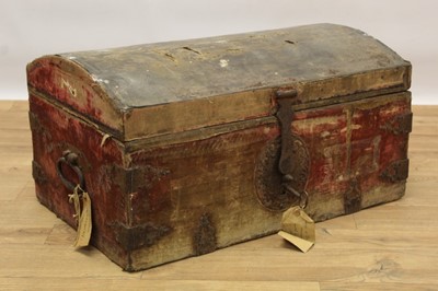 Lot 1468 - Good 17th century velvet upholstered dome top trunk with iron strap work mounts  
Provenance: Removed from Argyll House, Kings Road, London