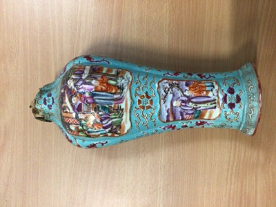 Lot 109 - Late eighteenth century Chinese export vase, circa 1780, with Mandarin pallette painted figure reserves on turquoise chicken-skin ground with floral sprays (neck broken), 26cm high