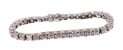 Lot 508 - Diamond tennis bracelet with Princess cut diamonds in 18ct white gold setting, estimated total diamond weight approximately 8cts