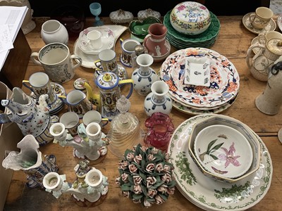 Lot 19 - Mixed group of antique and other china to include figural candlesticks, green leaf plates etc