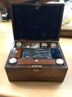 Lot 23 - Victorian rosewood writing and sewing box with fitted interior and various accessories