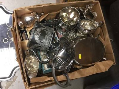 Lot 279 - Two boxes of silver plated wares to include a large number of cased cutlery sets, three piece teaset, loose cutlery and other plated ware