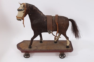 Lot 723 - 19th century folk art carved and painted wooden horse, cart and stable