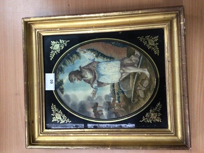 Lot 60 - Georgian silkwork and woodwork panel depicting a figure in landscape, in verre eglomise mount and gilt frame