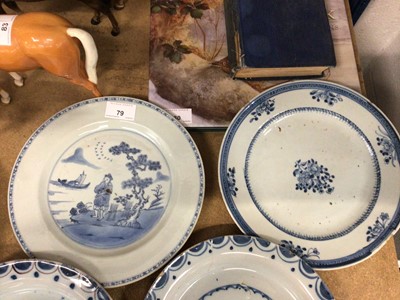 Lot 79 - Two 18th century Chinese blue and white porcelain plates, together with three blue and white tin glazed plates (5)