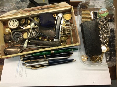 Lot 37 - Box of sundries to include an antique brass engraved dial, possibly part of a sun dial, pens, jewellery, small selection of silver, vintage AA badge etc