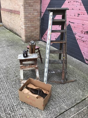 Lot 367 - Kern theodolite and tripod, together with three step ladders, a pick axe, a 4m measure, and a box of iron shoe lasts and flat irons
