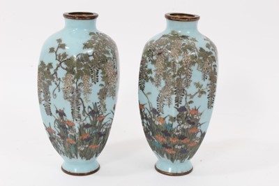 Lot 864 - Pair of Japanese cloisonné vases on pale blue ground