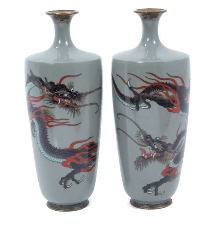 Lot 866 - Very fine quality pair of  Japanese cloisonné vases with dragons on grey ground - signed