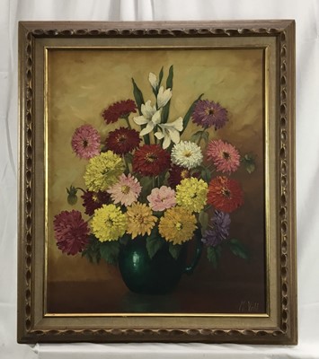 Lot 60 - Magdalene Vahl, Canadian School, 20th century, oil on canvas - still life entitled Zinnias and Marigolds, signed, in gilt frame