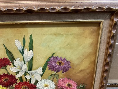 Lot 60 - Magdalene Vahl, Canadian School, 20th century, oil on canvas - still life entitled Zinnias and Marigolds, signed, in gilt frame