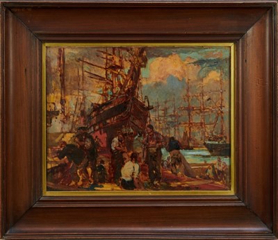 Lot 1264 - *Bernard Finegan Gribble (1873-1962) oil on board - a busy harbour, signed and dated 1956, 28.5cm x 36cm, in glazed frame