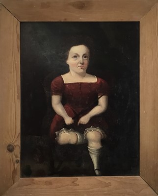 Lot 53 - Early 19th century, English School oil on canvas - portrait of a little boy seated with a whip, in pine frame