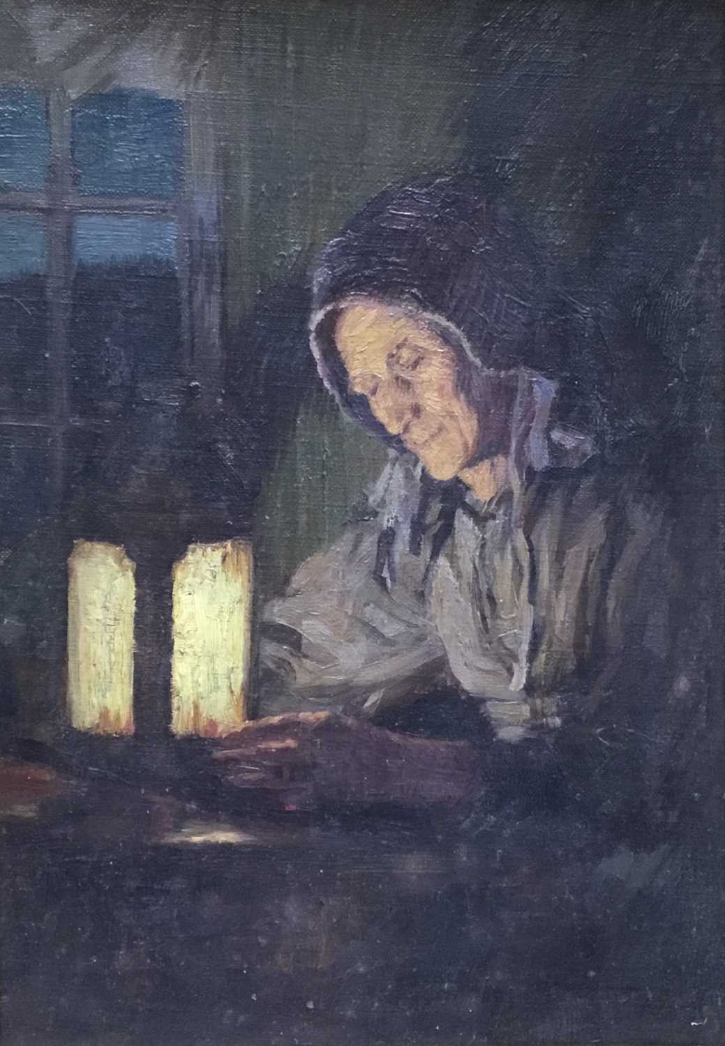 Lot 80 - Frederick Marriott (1860-1941) oil on board -  seated figure by lamp light entitled Evening, together with a watercolour by the same hand (2)