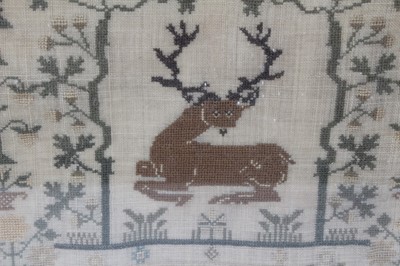 Lot 816 - Early Victorian sampler by Susannah Canham Aged 13 1838, depicting a stag and flora, another dated 1840 and a third, each framed
