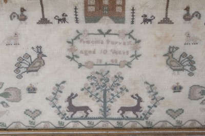 Lot 816 - Early Victorian sampler by Susannah Canham Aged 13 1838, depicting a stag and flora, another dated 1840 and a third, each framed
