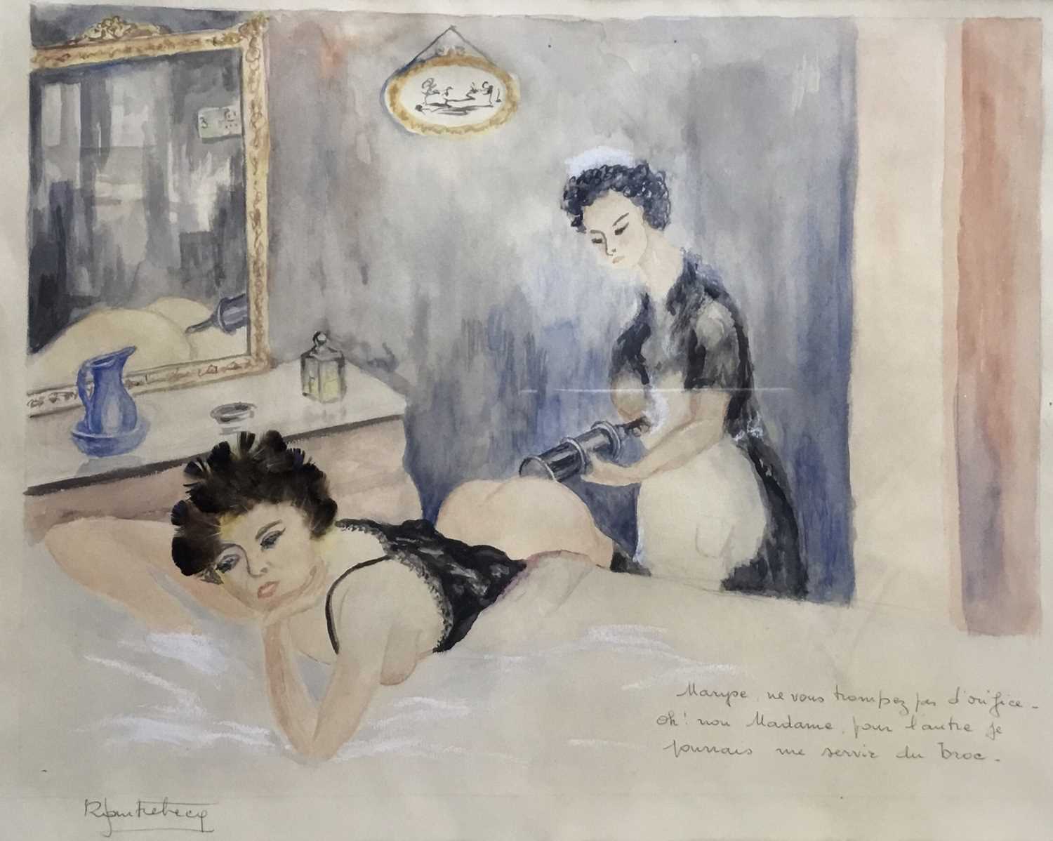 Lot 46 - Mid 20th century French School watercolour - a maid and mistress with an enema, indistinctly signed and inscribed, in glazed frame