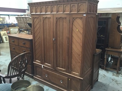 Lot 926 - Victorian Gothic taste pine wardrobe with two panelled doors and drawer below 153 cm wide, 203 cm high, 56 cm deep
