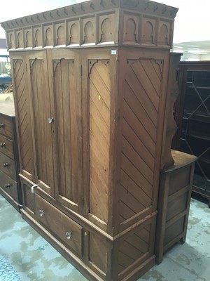 Lot 926 - Victorian Gothic taste pine wardrobe with two panelled doors and drawer below 153 cm wide, 203 cm high, 56 cm deep