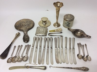 Lot 663 - Silver cigarette case, assorted silver handled tea knives, embossed hand mirror, inkwell and other items