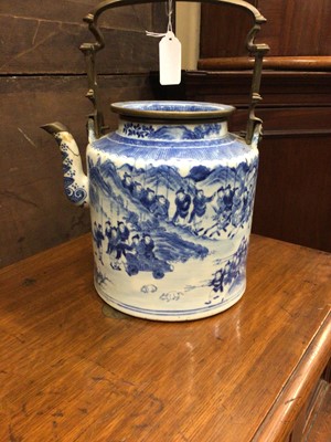 Lot 40 - 19th century chinese blue and white porcelain teapot of large size, brass handle and mounts, character mark to base
