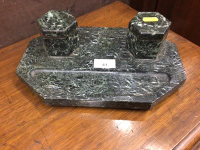 Lot 41 - Early 20th century green marble desk stand with twin brass mounted hexagonal inkwells