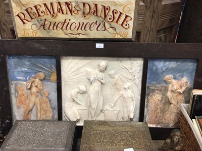 Lot 47 - Early 20th century painted plaster triptych depicting figures, in wooden frame
