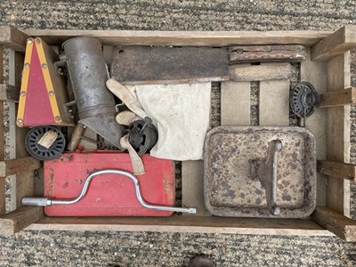 Lot 53 - Four wooden crates containing vintage tools or various forms, cast iron boot scrapper, shooting sticks, socket sets and two further wooden crates