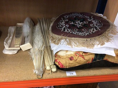 Lot 118 - Three small cushions covered with fragments of 17th/18th century fabrics, another larger, various painted and feather fans and other textiles